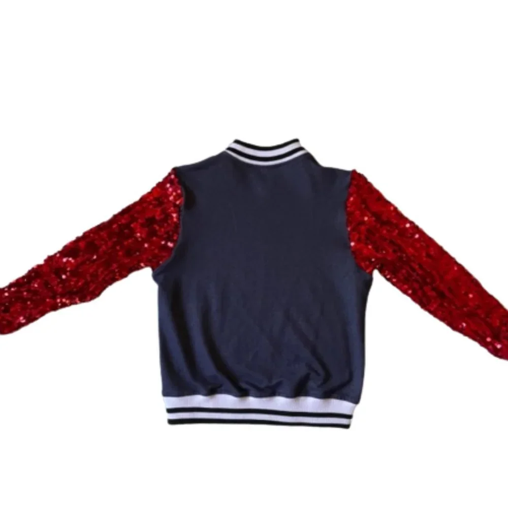 Varsity Jacket with Red Sequin Sleeves used as dance/performance costume. Size M